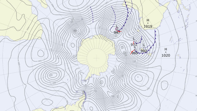 Synoptic chart showing the train of depressions circulating around Antarctica.