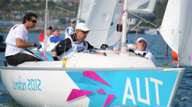Sailors in a boat at the London 2012 Paralympics